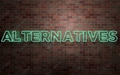 ALTERNATIVES - fluorescent Neon tube Sign on brickwork - Front view - 3D rendered royalty free stock picture. Can be used for online banner ads and direct mailers..