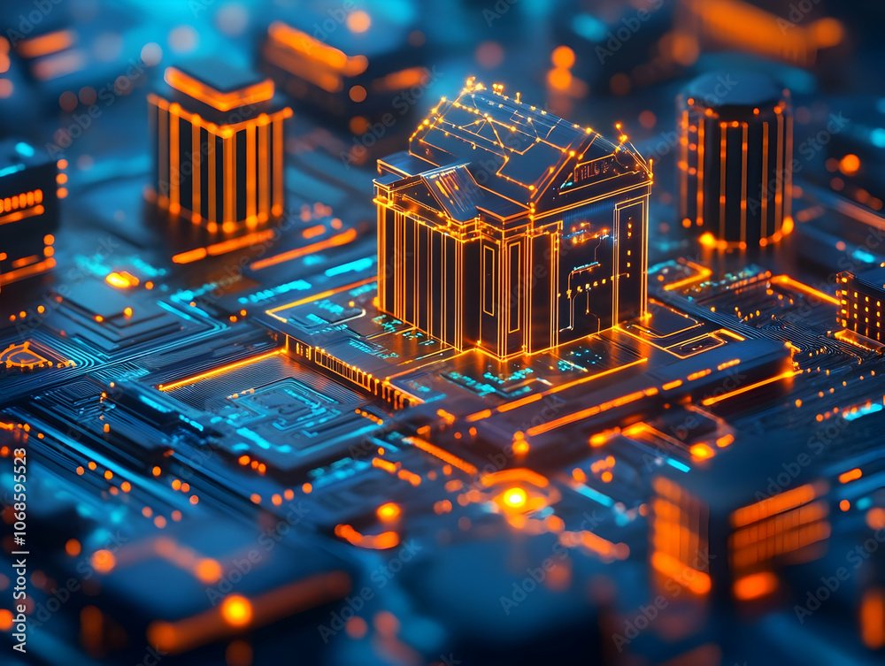 3D Illustration - Digital Bank on Circuit Board, Fintech, Finance