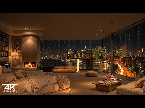 Brooklyn Bridge Night View 🌉 Cozy NY Apartment with Soft Piano Jazz, Rain & Fireplace Sounds