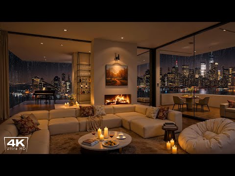 Cozy Apartment Jazz ~ Serene NYC Escape with Smooth Piano Jazz, Rain & Fireplace Sounds for Sleep