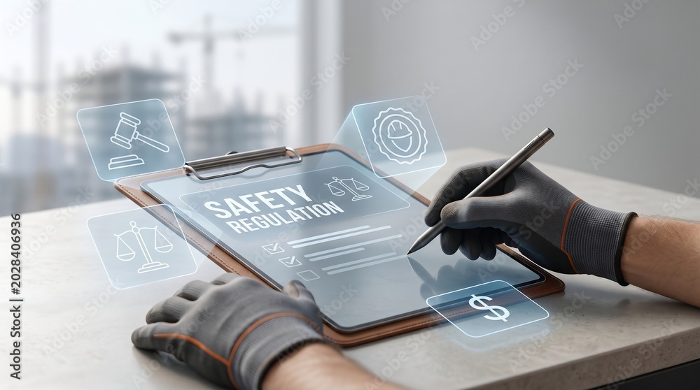 Person in gloves signing safety regulation document on clipboard with icons